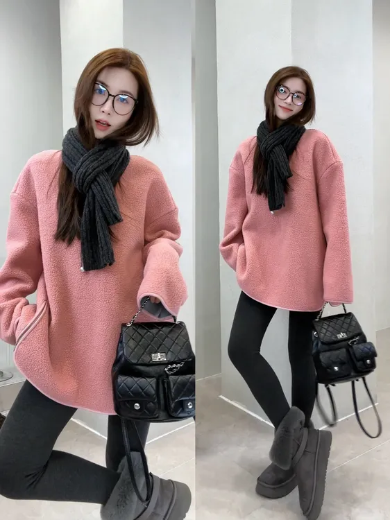 月月 2025冬季新款极简手袖包边定制下摆绒感套头卫衣 2511C8204