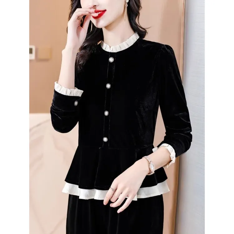 法式立领金丝绒上衣女春秋2025新款时尚洋气长袖衬衫收腰裙摆小衫