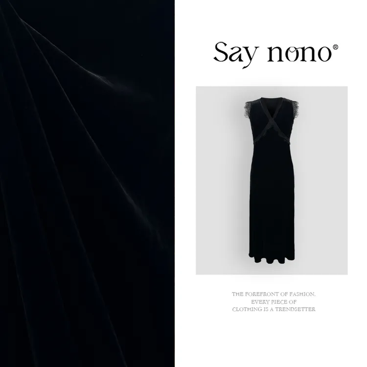 懒猫nono│Saynono 时尚法式优雅女士V领蕾丝背心丝绒连衣裙H0702X