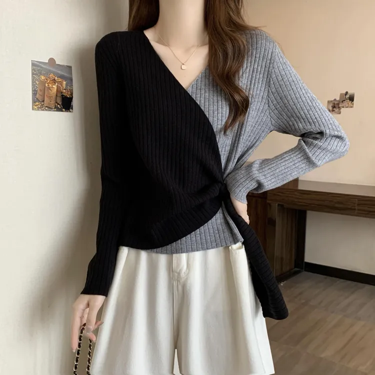 大码v领针织打底衫毛衣女早秋内搭胖mm显瘦遮肚子洋气不规则上衣