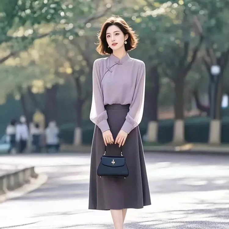 时尚百搭显瘦气质女神复古通勤设计师春季女装新中式国风紫色纯色