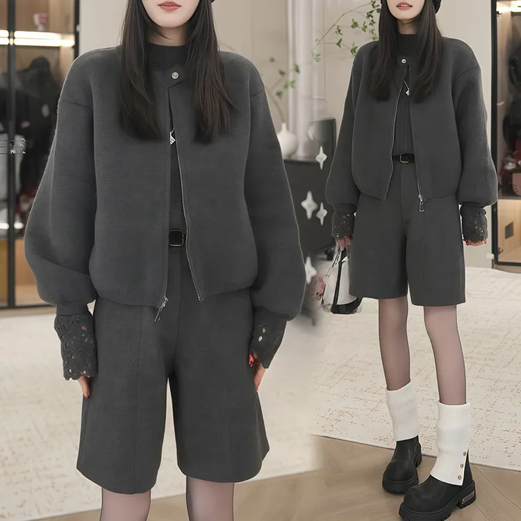 高级感深灰针织套装2025秋冬款设计简约高级蕾丝拼接秋冬气质造型