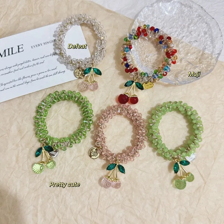 简约扎马尾丸子发饰编织粉红色发绳琉璃玻璃皮筋发圈扎头绳带樱桃