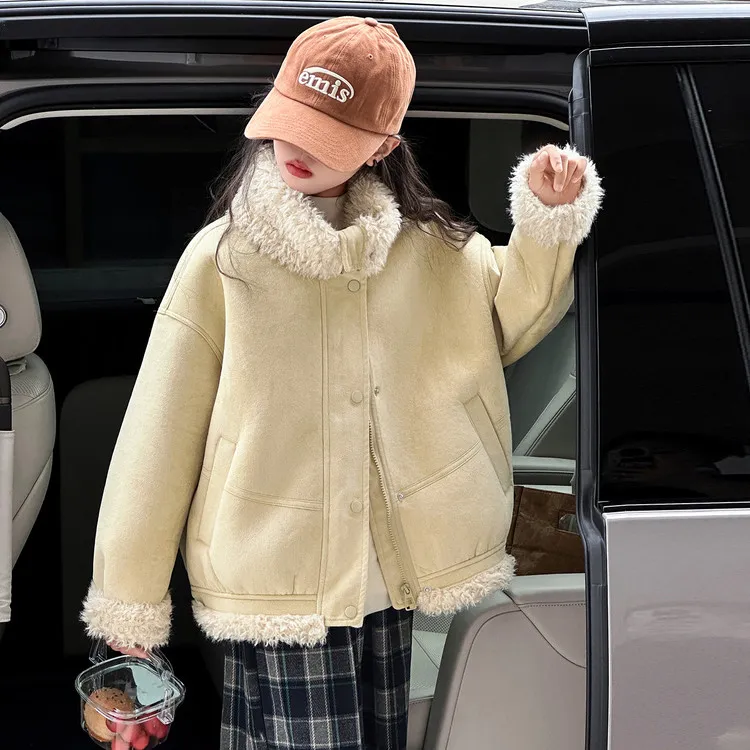 女童加绒外套秋冬派克服洋气大儿童保暖初中生皮毛一体羊驼绒夹克