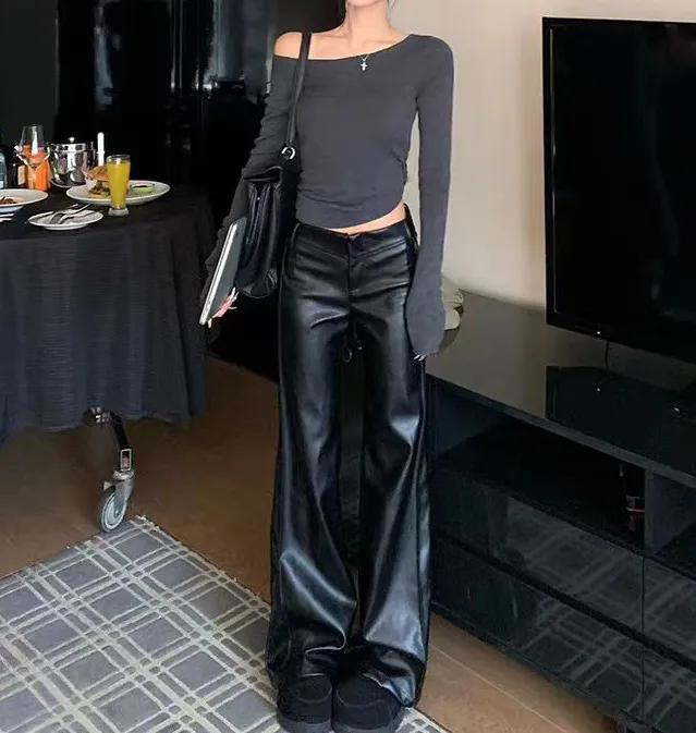 黑色秋冬爆款热保暖裤卖欧美式辣妹风PU百搭休闲阔腿裤直筒皮裤潮