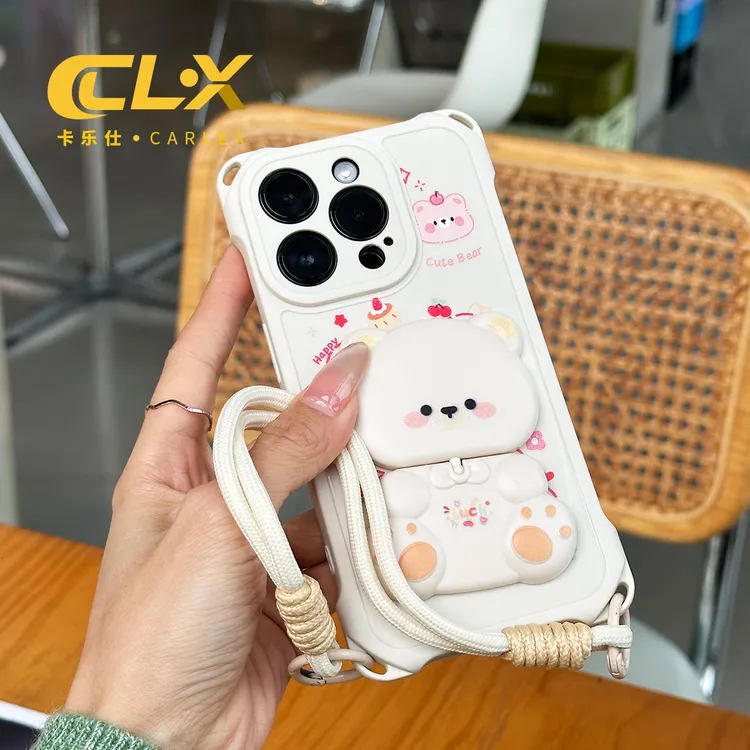 可爱小熊镜子支架适用苹果17pro手机壳vivo挂绳华为小米17promax
