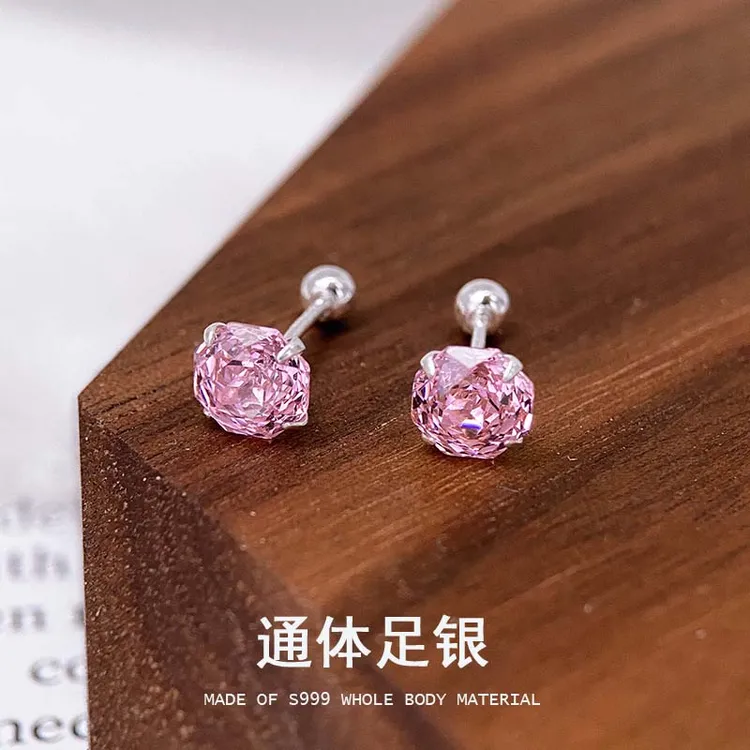 足银耳饰 S999纯银玫瑰锆石爆闪耳钉女网红螺丝拧扣足银耳饰E593