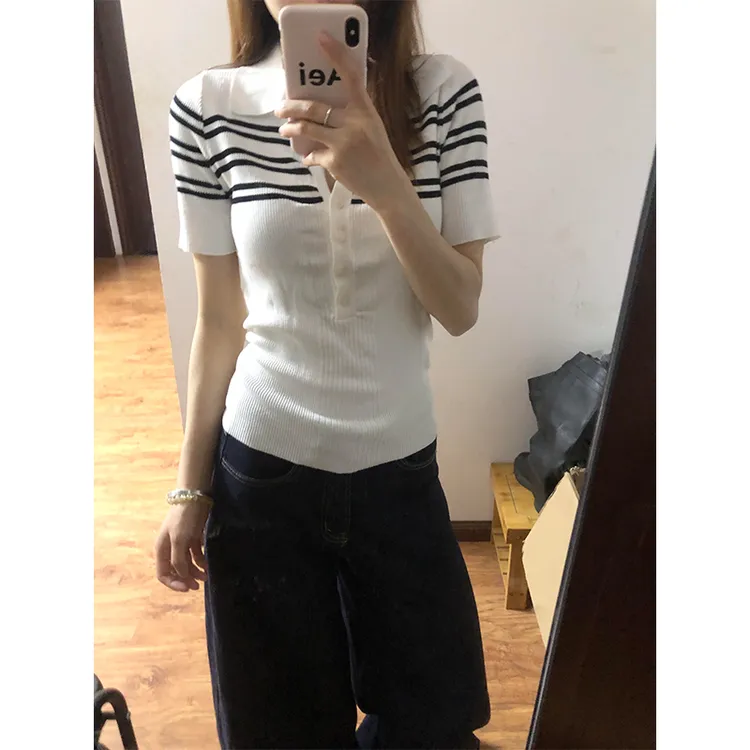 条纹polo领正肩针织短袖T恤上衣美式高腰阔腿牛仔垂感直筒拖地裤