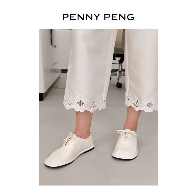 PENNYPENG 德比鞋 白色系带牛皮鞋夏季平底鞋舒适外穿时尚单鞋女