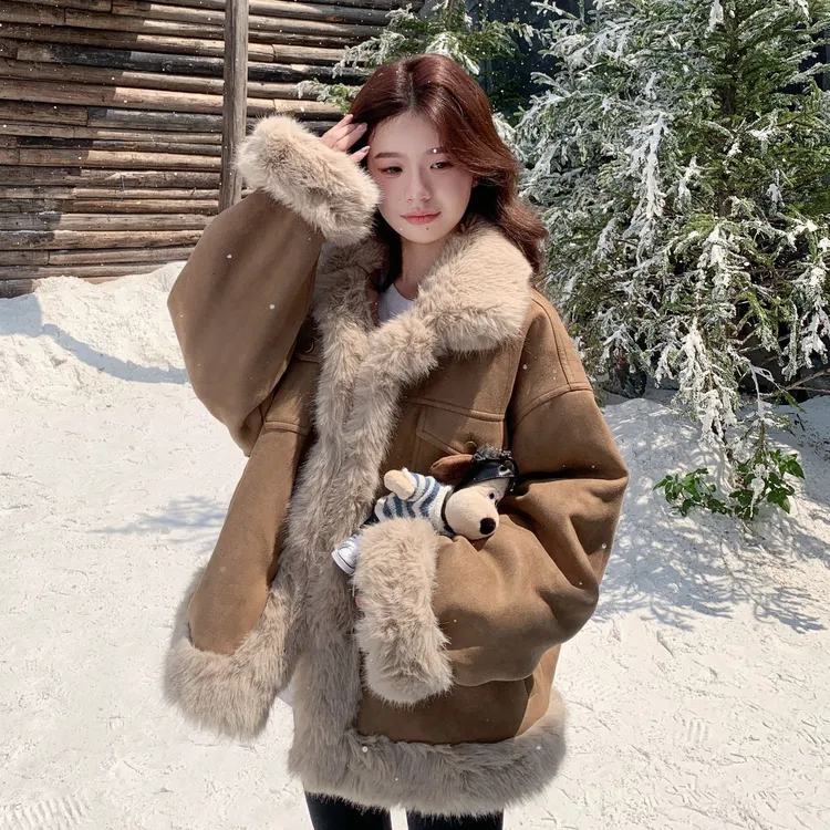 韩版百搭通勤风毛毛拼接棉服外套女2025冬季新款名媛气质保暖上衣