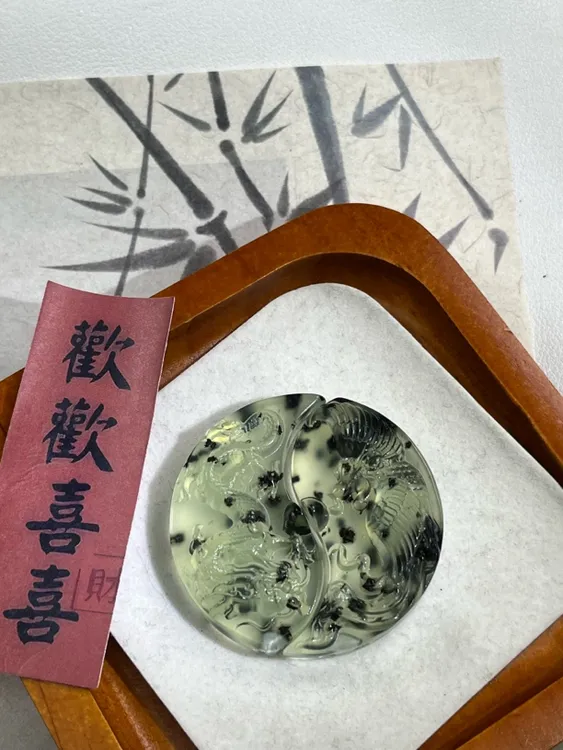 玉佩纯天然岫玉国风#水墨料，情侣龙凤对寓意（龙凤呈祥）