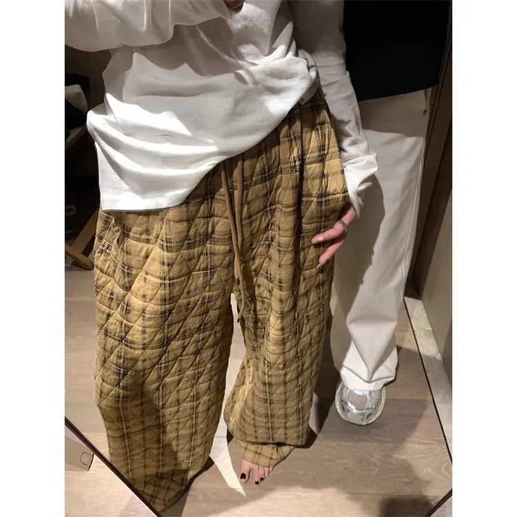 胖mm大码300斤复古格纹夹棉阔腿裤女秋冬慵懒风宽松保暖休闲卫裤
