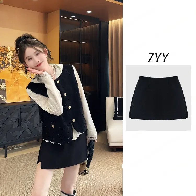 ZYY【黑西裙】2024S/新品 设计感百搭中高腰黑色女装半身裙BQ240416