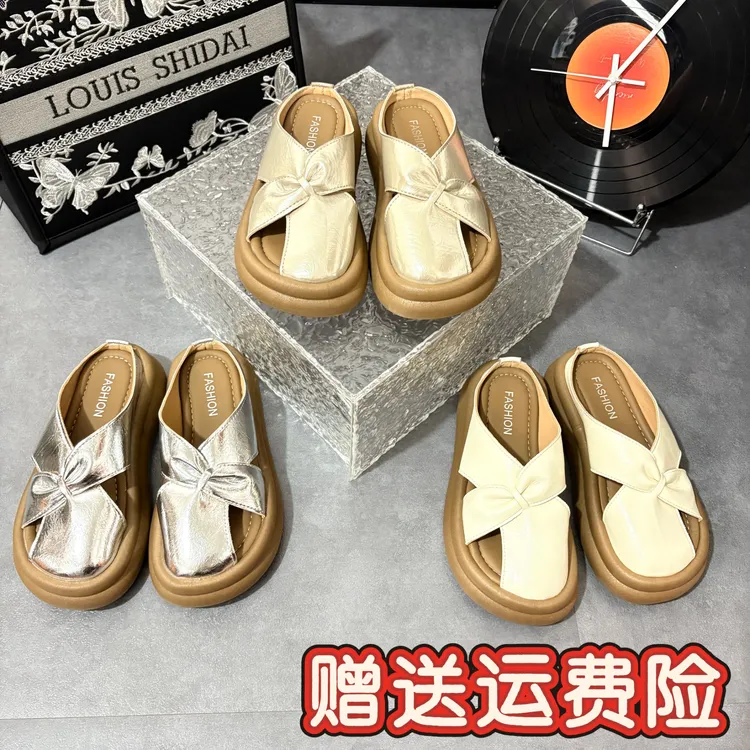 2025夏季新款韩版百搭休闲时尚蝴蝶结鱼嘴公主鞋室内外可穿包头