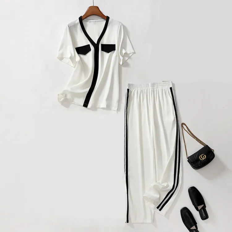 特！门店21&9！高支华尔锻！气质v领撞色凉感女式套装L41035