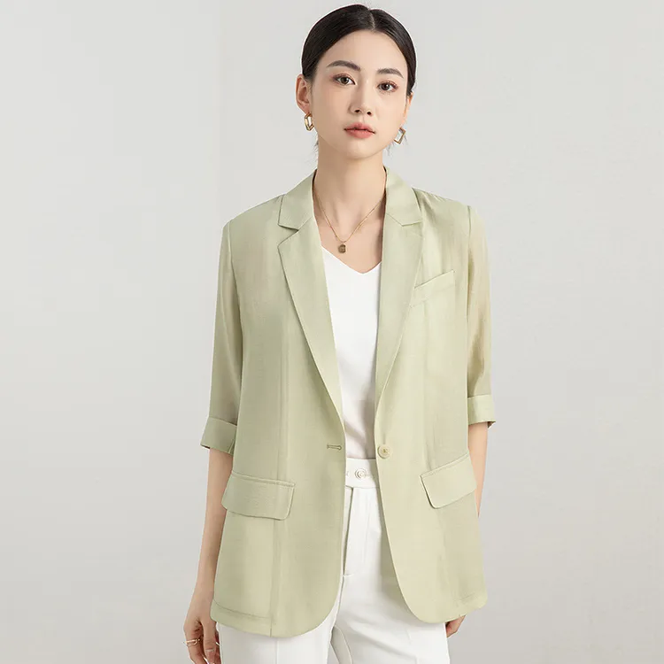 新店福利夏季薄款休闲气质短款时尚上衣 绿色香槟色七分袖纯色POL