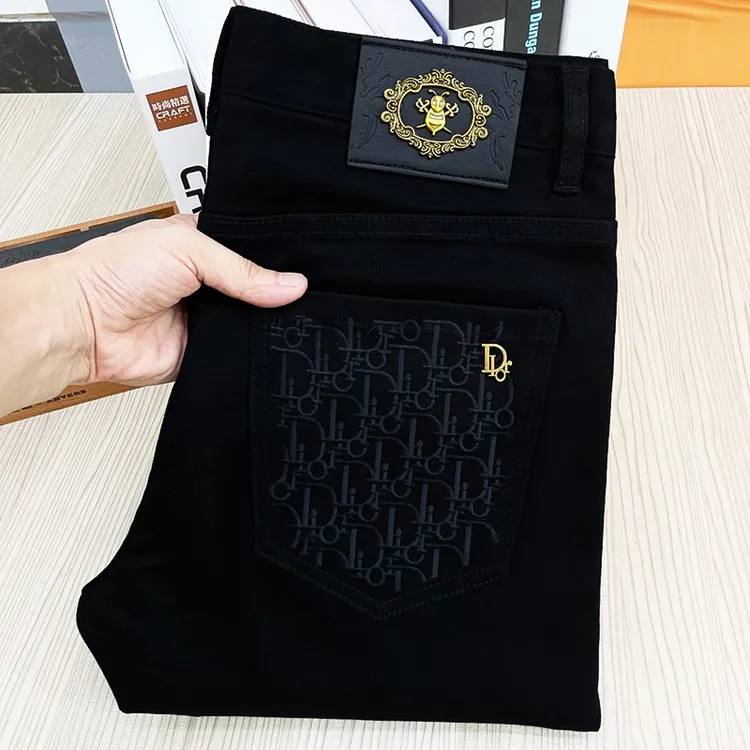 高端欧货刺绣牛仔裤男新款黑色弹力修身小脚裤休闲潮流韩版长裤子