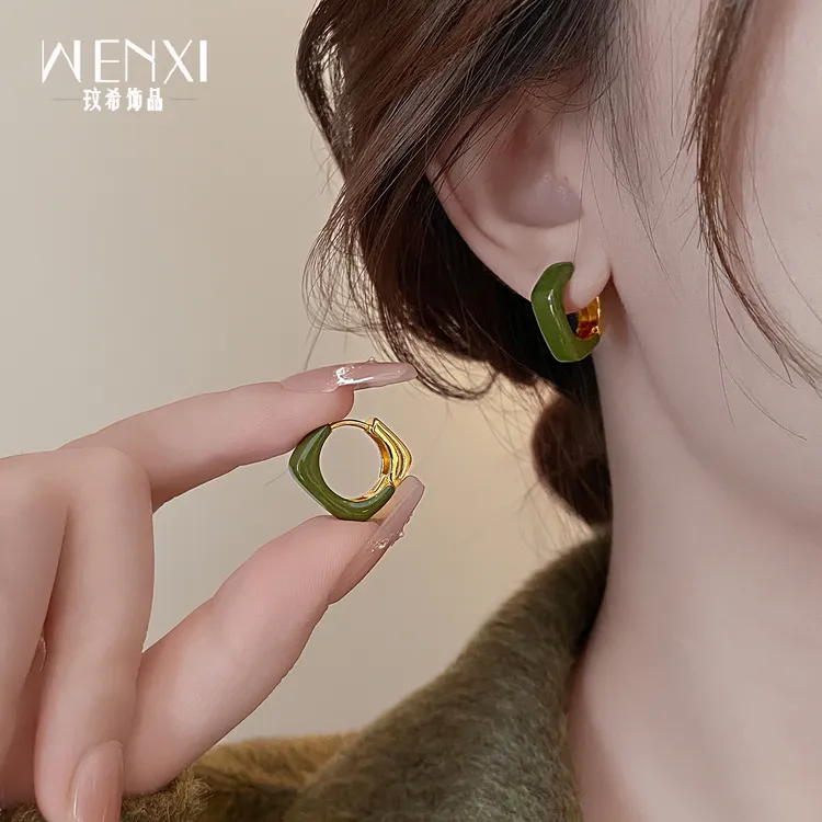 铜合金珐琅耳饰 绿色几何耳环2025新款爆款高级感耳钉秋冬耳饰女