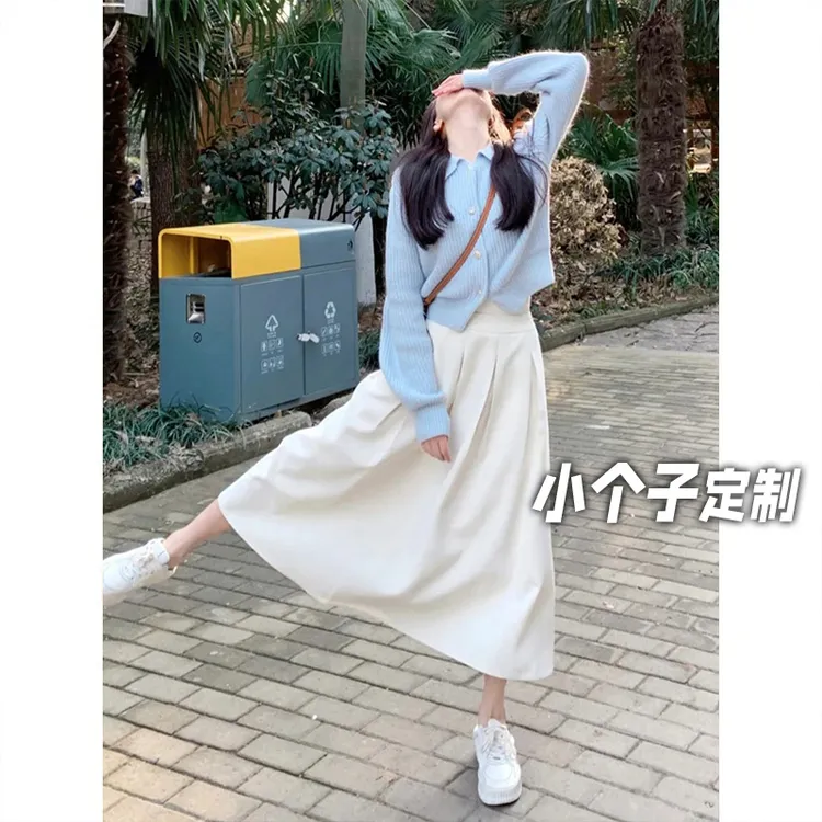 150小矮个子娃娃领针织开衫女秋季温柔风a字高腰半身裙中长款套装