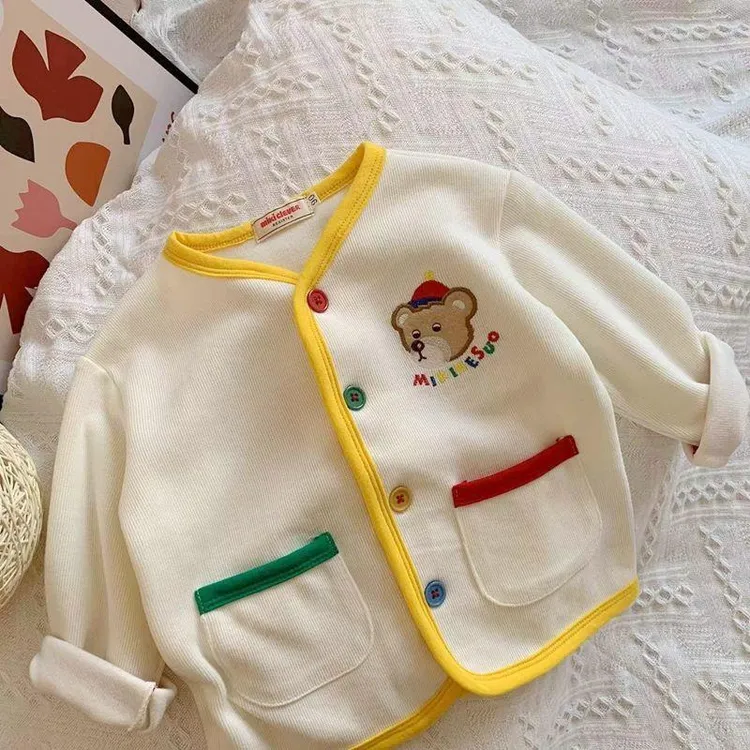 日系春季新款卡通小熊领长袖彩扣婴儿外套儿童宝宝卡通上衣薄款