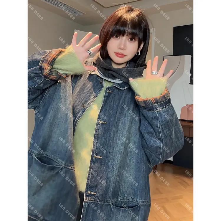 JIUJIU【满分衣品】时尚百搭休闲设计感翻领秋冬中长款棉服外套女