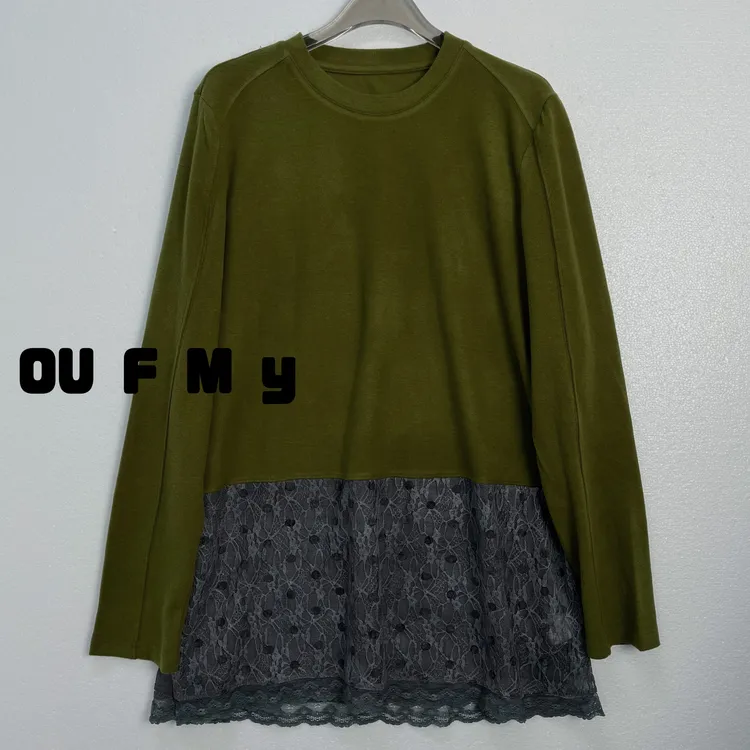 FY899秋冬新款拼接撞色蕾丝花边长袖打底秋季圆领潮流时尚气质