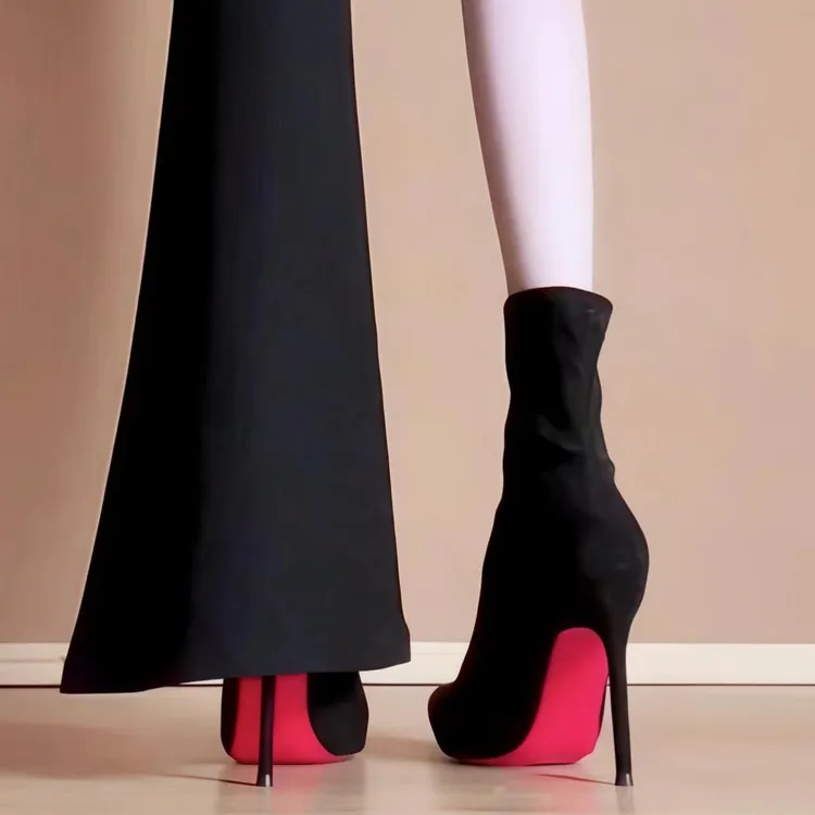 红底瘦瘦靴弹力靴裸靴不累脚舒适百搭黑色细跟尖头不累脚袜靴冬季
