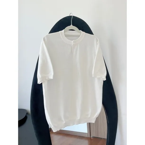 胖头鱼复古亨利基础款领针织短袖T恤女休闲百搭cleanfit老钱上衣