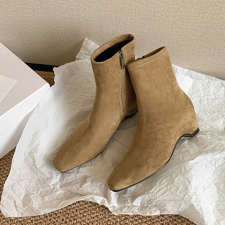 羊皮版~复古极简瘦瘦靴女气质方头内增高短靴侧拉链显瘦弹力靴子