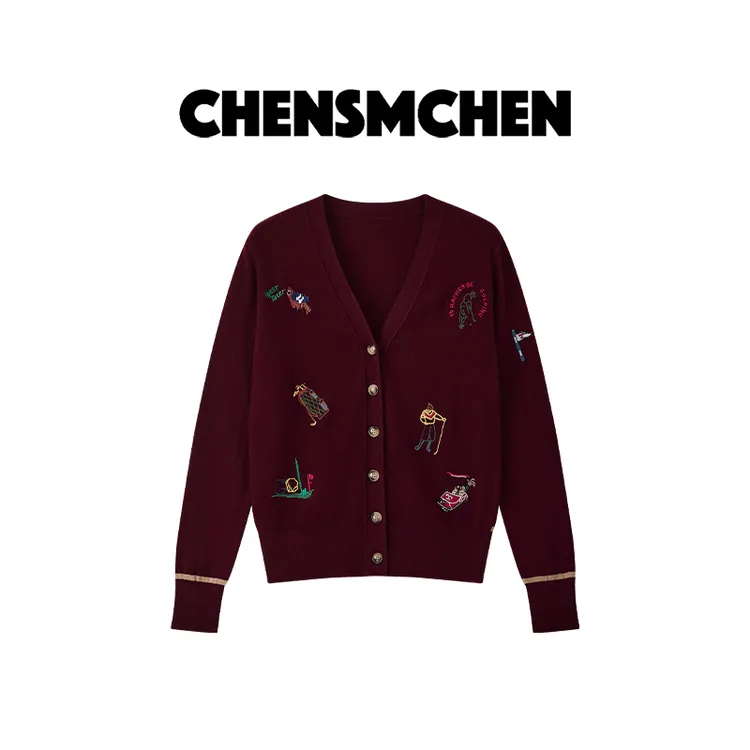 CHENSMCHEN 100绵羊毛V领刺绣长袖针织衫女复古时尚开衫CSZ8138MX