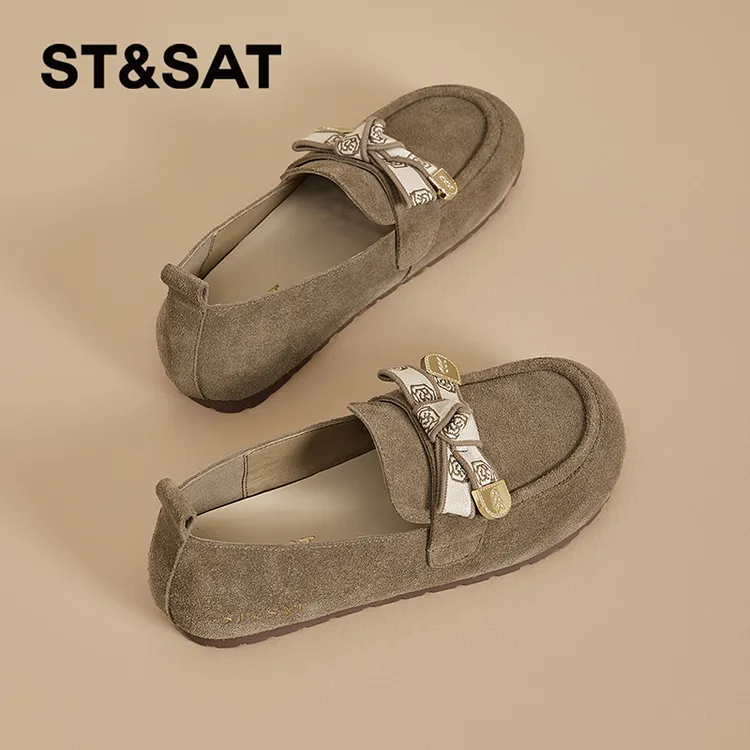 星期六勃肯鞋女款2025夏季新款百搭豆豆鞋真皮一脚蹬平底博肯单鞋