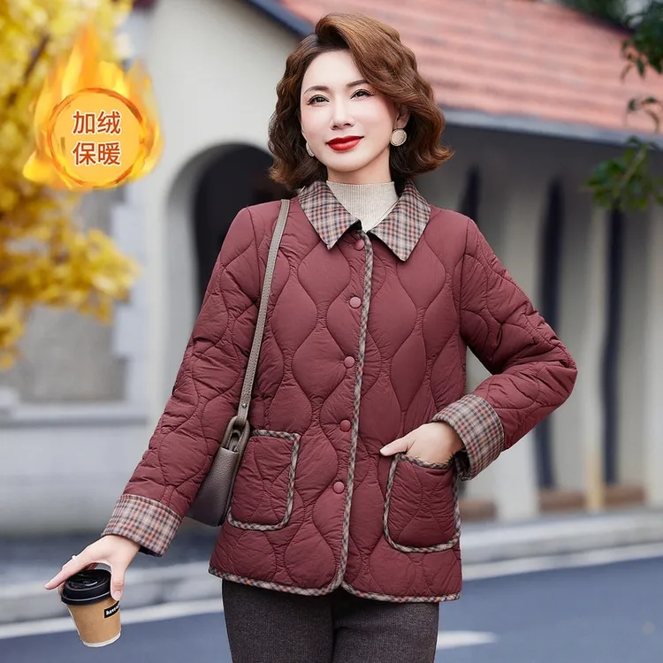 秋冬加绒尼丝纺棉服外套冬季新款时尚减龄休闲加厚棉服短款妈妈装