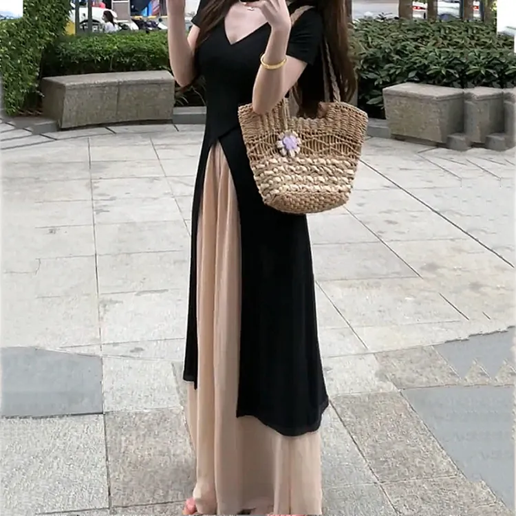 大码胖mm夏季淑女显瘦气质风黑色短袖上衣开叉赫本风休闲裤裙套装