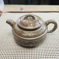 柴烧蟹壳青双线竹鼓-280cc-内推 带凤鸣紫砂壶