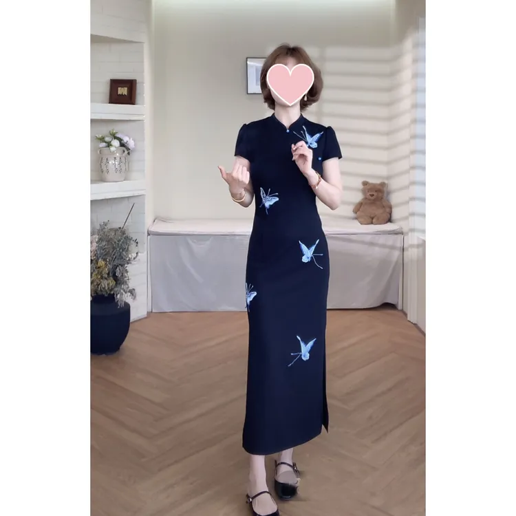 夏季新中式镂空网纱蝴蝶刺绣黑色气质连衣裙