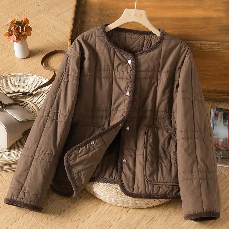 复古长格压线棉衣2025冬季新款拼接门襟加厚保暖长袖圆领棉袄外套