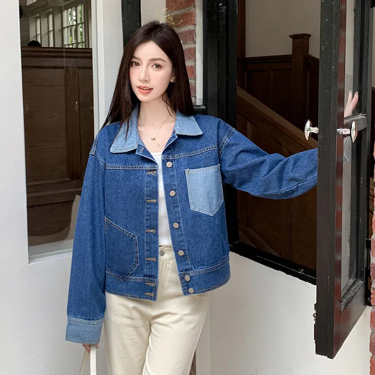 2025新款拼接时尚百搭宽松落肩牛仔外套夹克女