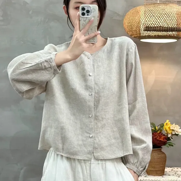 【瑜妹妹】亚麻外套2025新款女士衬衫宽松休闲百搭长袖衬衫上衣