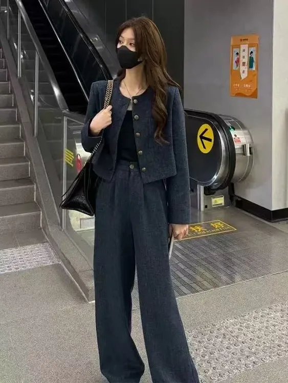 小香风套装高级气质秋季休闲圆领高腰阔腿裤牛仔风格女AM25629