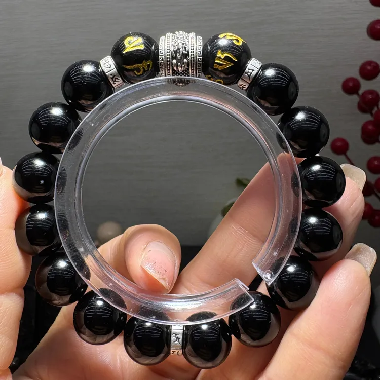【附鉴定书】天然黑曜石貔貅手串六字时尚霸气男款黑色父亲男友礼物