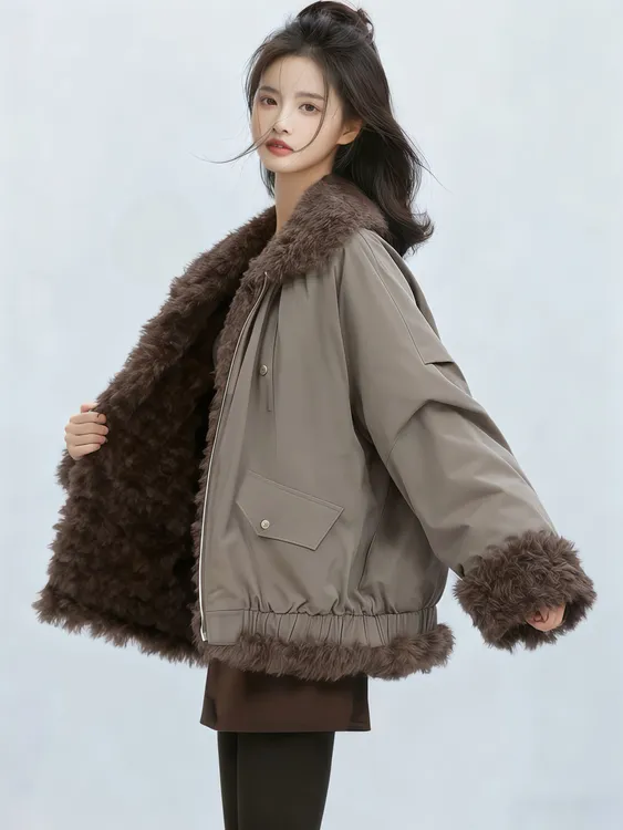 2025新款派克服女加绒加厚冬季皮草外套女羊羔毛双面穿大衣宽松潮