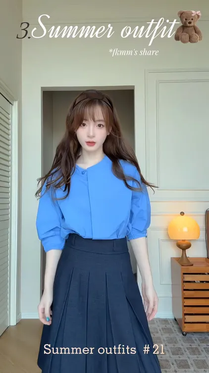 2025夏季新款韩系多巴胺穿搭蓝色圆领衬衫搭配半身裙时尚两件套女