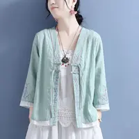 春夏新款花藤刺绣双盘扣七分袖上衣女中国风衬衫文艺开衫上衣女