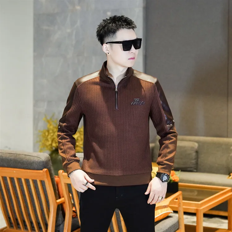 高级感轻奢男装重工绵羊皮针织拼接立领半拉链套头痞帅卫衣GL8005