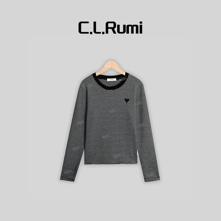 【Rumi时装】“韵律“休闲百搭显瘦撞色条纹爱心长袖上衣6178sy