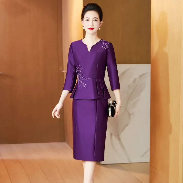 结婚礼服妈妈气质连衣裙假两件遮肚连衣裙喜婆婆高贵优雅婚宴礼服
