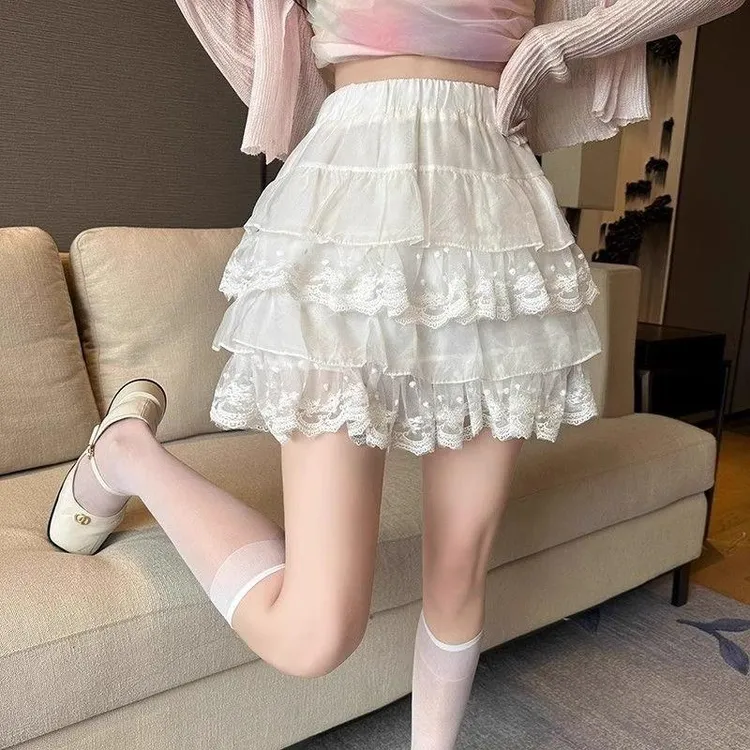 白色甜美软妹y2k蕾丝蛋糕裙短裙夏亚文化芭蕾高腰网纱蓬蓬半身裙