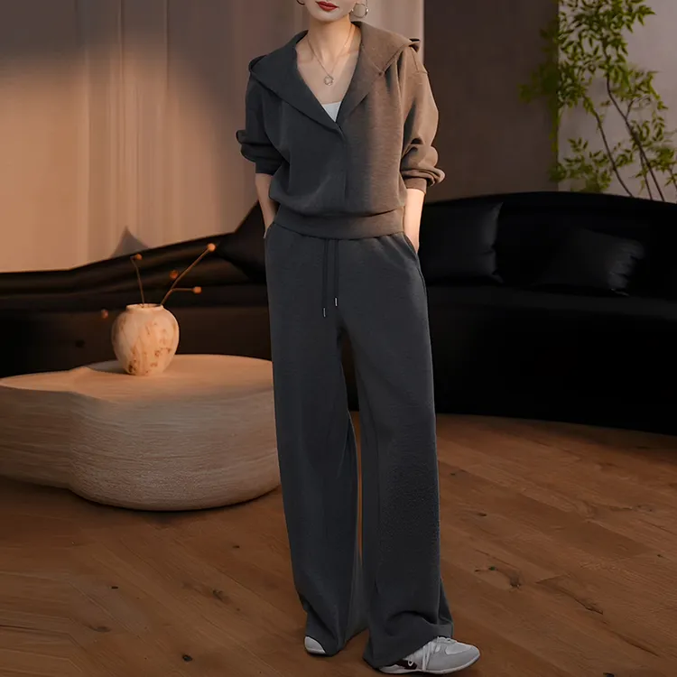 慵懒松弛感撞色条纹连帽长袖卫衣女2025新款垂感阔腿休闲裤两件套