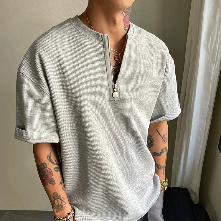 OXFREAK 「老钱风 华夫格」半拉链短袖t恤男宽松落肩V领打底半袖