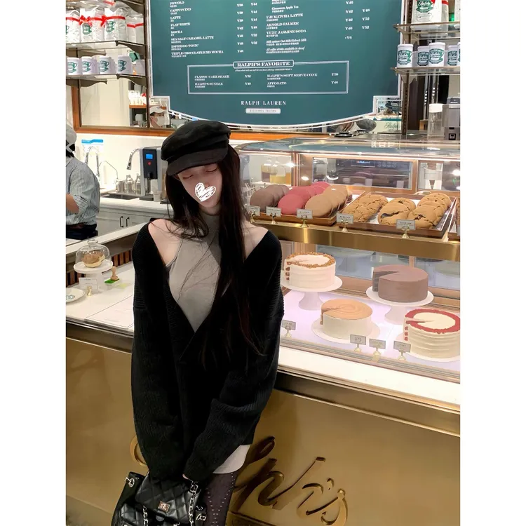 智性姐姐 设计感韩系温柔深V领毛衣+连衣裙两件套D1165